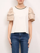 HAVE ONE - CREW NECK T-SHIRT WITH PASSAMANERIA - WHITE/BEIGE