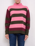 IDENTITY - STRIPED HALF COLLAR SWEATER - MAGENTA/SNOW/AUBERGINE