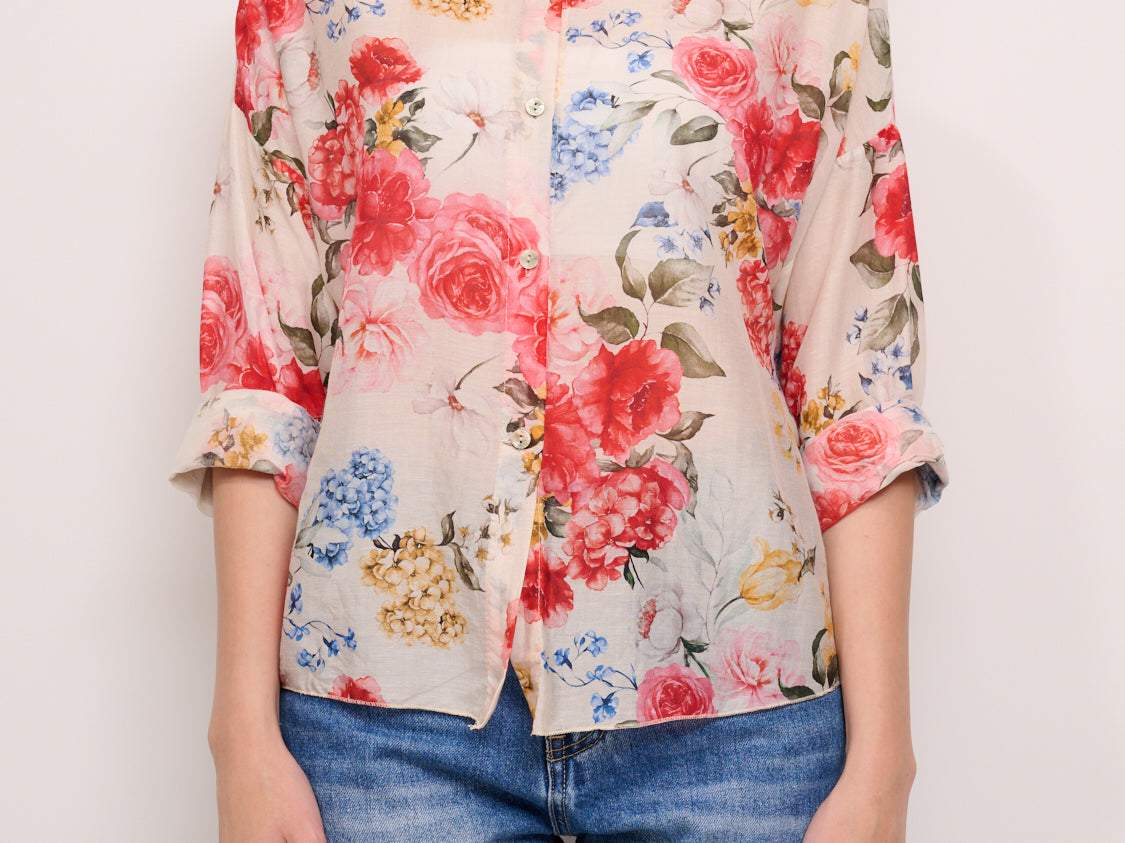 IDENTITY CAMICIA NODO FIORE PANNA/JEANS/ROSSO